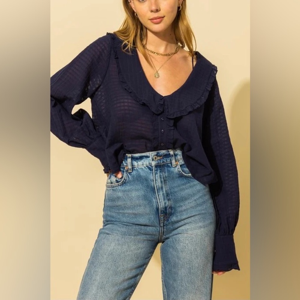 💙 HYFVE Navy Sheer Western/Cottage-core Ruffle Button Down Blouse – Size Small